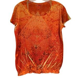 Loop 18 Top Size 18 Orange Paisley Rhinestone Bubble Hem Boho Y2K Plus Size